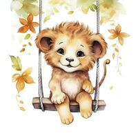 AI generated Cute happy baby lion on swings attached to the tree in watercolor style. AI Generated photo