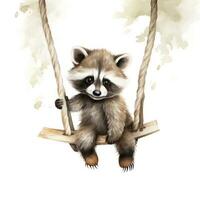 AI generated Cute baby raccoon in watercolour style, sitting on swings attached to the tree. AI Generated photo