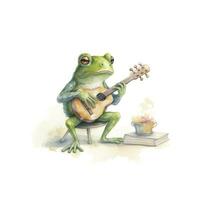 AI generated Watercolor green frog playing a tiny musical instrument on white background. AI Generated photo