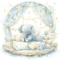 AI generated An elephant on a bed with stars and blankets around the circle. AI Generated photo