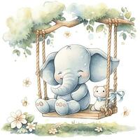 AI generated Cute happy baby elephant on swings in the tree in watercolor. AI Generated photo