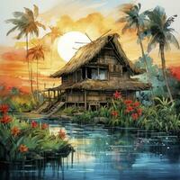 AI generated A watercolored bright serene image of a traditional bahay kubo. AI Generated photo