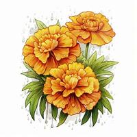 AI generated Watercolor autumn marigold flowers with raindrops on white background. AI Generated photo