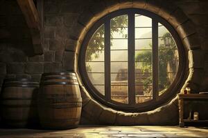 AI generated Barrel in an ancient castle beside the window. AI Generated photo