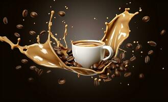 AI generated hot liquid coffee splash with Coffee Bean falling, 3d illustration. AI Generated photo