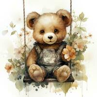 AI generated A cute happy teddy bear swings on a tree on a white background. AI Generated photo