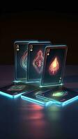 AI generated Some playing cards with glowing neon designs on a tablet. Generative AI photo