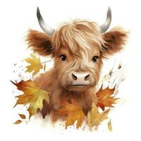 AI generated Happy cute baby highland cow in autumn leaves in the watercolor style. AI Generated photo