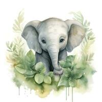 ai generado contento linda bebé elefante en verde hojas en el acuarela estilo. ai generado foto