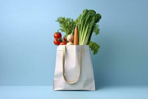 ai generado tienda de comestibles lleno bolsa. blanco compras bolso con vegetales en ligero azul antecedentes. generativo ai foto