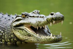 AI generated Crocodile with its mouth wide open with a green lake in the green background. AI Generated photo