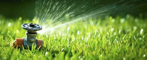 AI generated Automatic garden lawn sprinkler in action watering grass. AI Generated photo