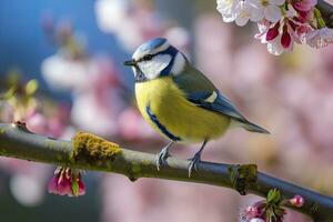 ai generado un bluetit pájaro descansando en el rama de un árbol. ai generado. foto