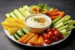 AI generated Crop shot of plate with colorful healthy sliced vegetables. AI Generated photo