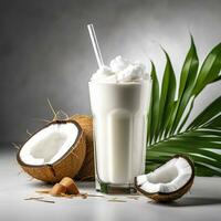 AI generated Coconut milk shake glass with fresh sliced coconut. Generative AI photo