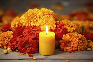 AI generated Candles and marigold flowers. Day of the dead concept dia de los muertos. AI Generated photo