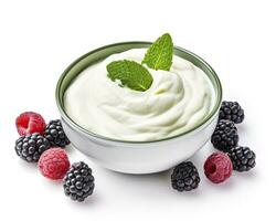 AI generated Green bowl of greek yogurt and fresh berries isolated on white background. AI Generated photo