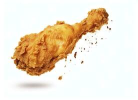 AI generated Fried chicken leg falling in the air isolated on a white background. AI Generated. photo