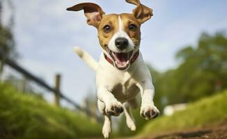 AI generated Jack Russel Parson Dog Run Toward The Camera Low Angle High Speed Shot. AI Generated photo