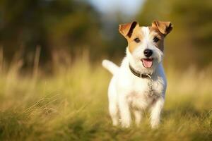 ai generado contento Jack Russell terrier mascota perro espera, escuchando en el césped. ai generado foto