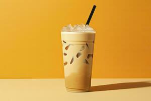 AI generated Iced Latte on yellow background. AI Generated photo