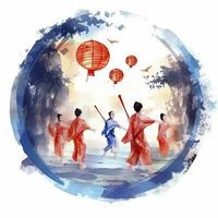 AI generated Lantern Festival in watercolor style. T-shirt Design. AI Generated photo