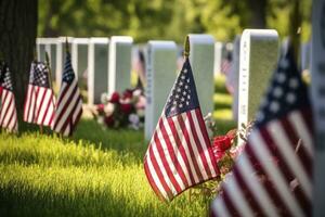 AI generated Military Headstones and Gravestones Decorated With Flags for Memorial Day.  AI Generated photo