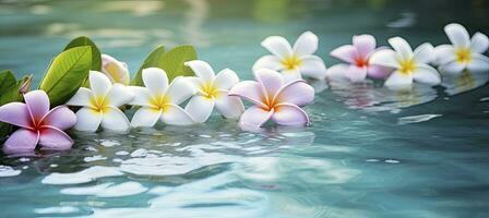 ai generado plumeria flores en verde hoja flotante en agua. un pacífico y sereno escena con un toque de naturaleza y belleza. ai generado foto