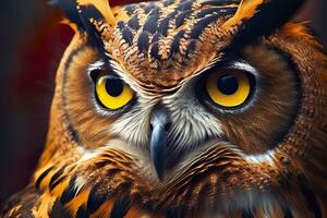 AI generated Owl headshot with closeup of face. Generative AI photo