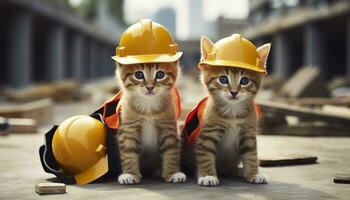 ai generado dos gatitos vistiendo difícil sombreros en un construcción sitio. generativo ai foto