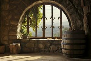 AI generated Barrel in an ancient castle beside the window. AI Generated photo