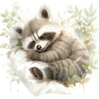 AI generated A sleepy baby raccoon in a bedding. watercolor illustration. AI Generated photo