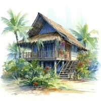AI generated A watercolored bright serene image of a traditional bahay kubo. AI Generated photo