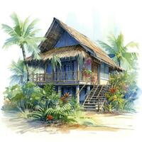 AI generated A watercolored bright serene image of a traditional bahay kubo. AI Generated photo