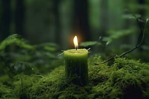 AI generated Burning candle on moss, dark green blurred the natural background. Magic candle. Generative AI photo