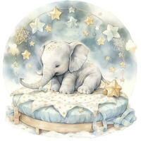 AI generated An elephant on a bed with stars and blankets around the circle. AI Generated photo