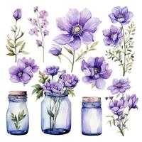 AI generated Collection of watercolor mason jars with purple flowers clipart. AI Generated photo