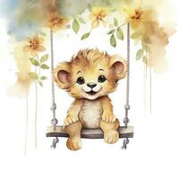 AI generated Cute happy baby lion on swings attached to the tree in watercolor style. AI Generated photo