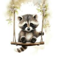 AI generated Cute baby raccoon in watercolour style, sitting on swings attached to the tree. AI Generated photo