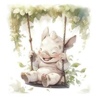 AI generated Cute happy baby rhino on swings in the tree in watercolor style. AI Generated photo