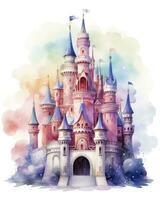 AI generated Colorful watercolor kawaii castle isolated on white background. AI Generated photo