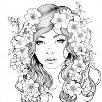 AI generated A girl on a coloring book page with Jasmine flowers. AI Generated photo