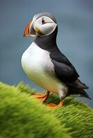 AI generated Puffin bird on a green grass patch. AI Generated photo