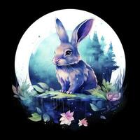 AI generated Watercolor Rabbit and Glowing Moon for T-shirt Design. AI Generated photo