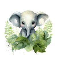 AI generated Happy cute baby elephant in green leaves in the watercolor style. AI Generated photo