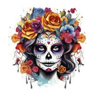 AI generated Woman sugar skull with beautiful colored flowers on white background. AI Generated photo