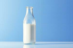 AI generated A glass bottle with full milk on blue background. AI Generated photo