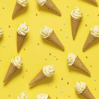 AI generated Ice Cream pattern on yellow background, top view. AI Generated photo