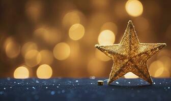 AI generated Sparkling Golden Christmas Star. Ornament Decoration Defocused Bokeh Background. AI Generated photo