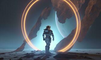 AI generated Astronaut in front of dimensional portal.  AI Generated. photo